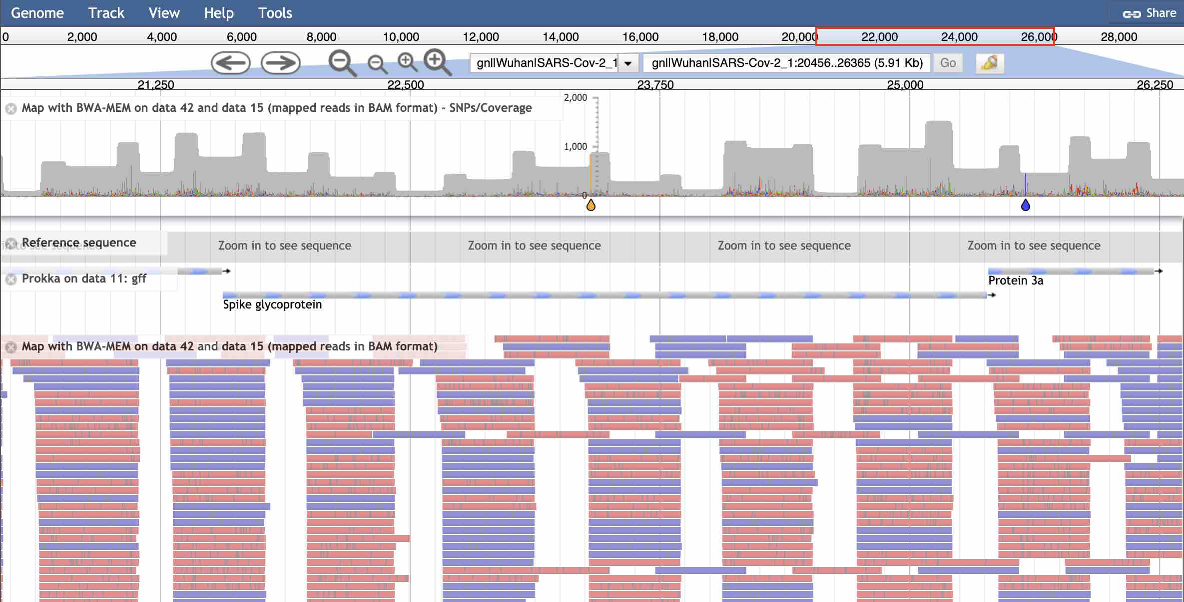 JBrowse view of Dutch nanopore reads mapped to the Prokka-annotated assembly of the Wuhan SARS-CoV-2 genome
